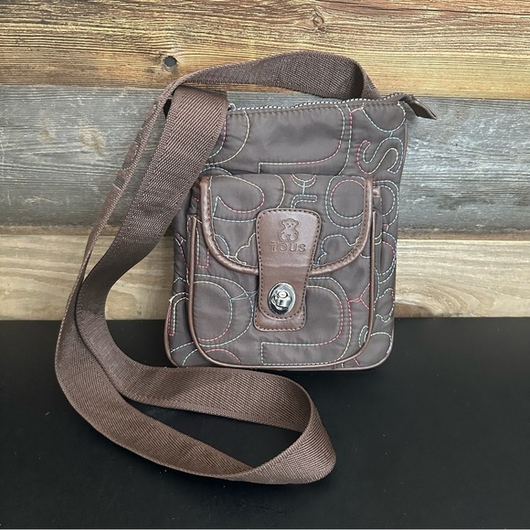 Tous Crossbody Quilted Brown Nylon Signature Logo Bag Multiple Compartments - Picture 1 of 11